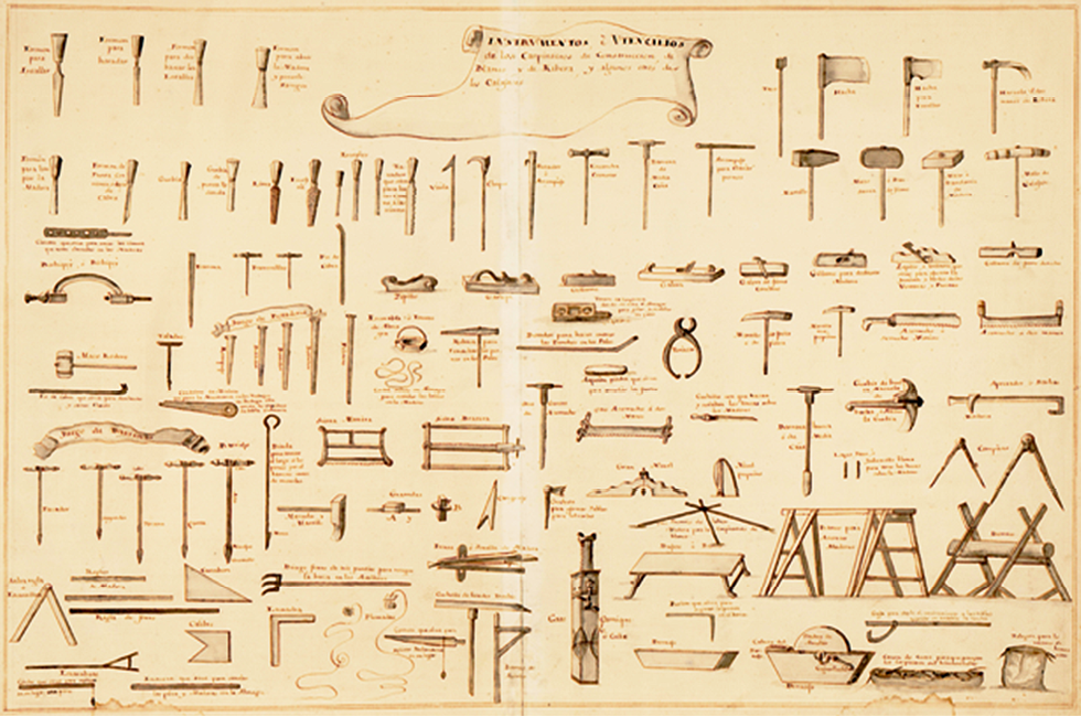Instrumentos y utensilios de los carpinteros de construcción