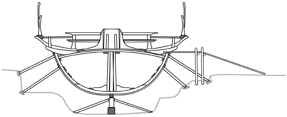 Sección transversal de la grada con la basada, picaderos, escoras, andamios y el casco de la galera